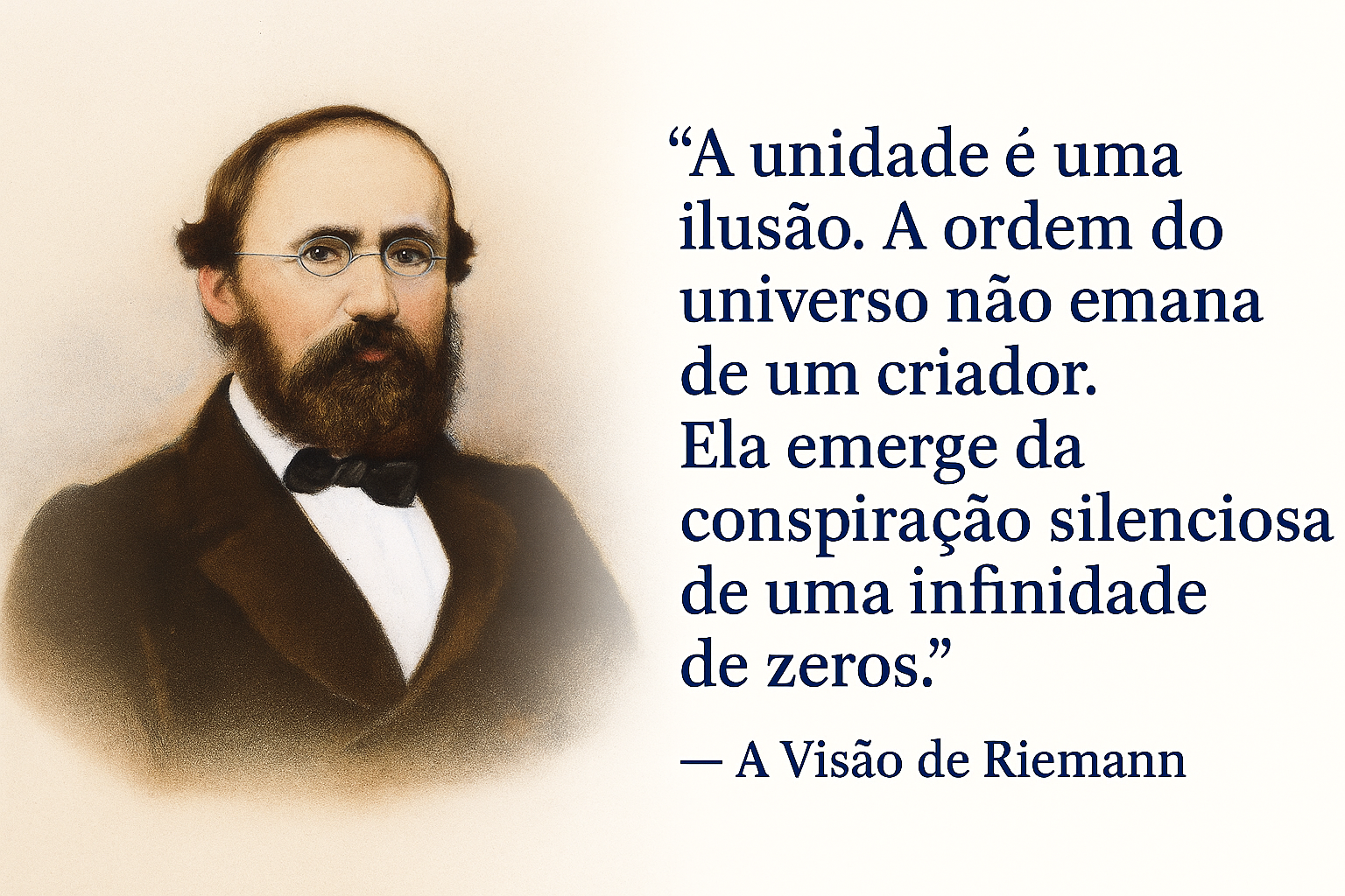 Bernhard Riemann com a visão a ele atribuída: 'A unidade é uma ilusão. A ordem do universo não emana de um criador. Ela emerge da conspiração silenciosa de uma infinidade de zeros.'